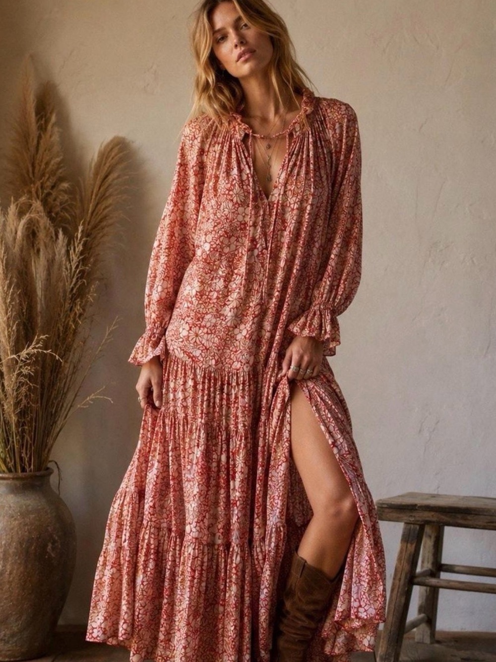 Free People “feeling groovy” Floral Long Sleeve Maxi Dress in Dusty Rose
